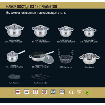 Набор кастрюль 19 предметов Benson BN-196 с многослойным дном нержавейка-1
